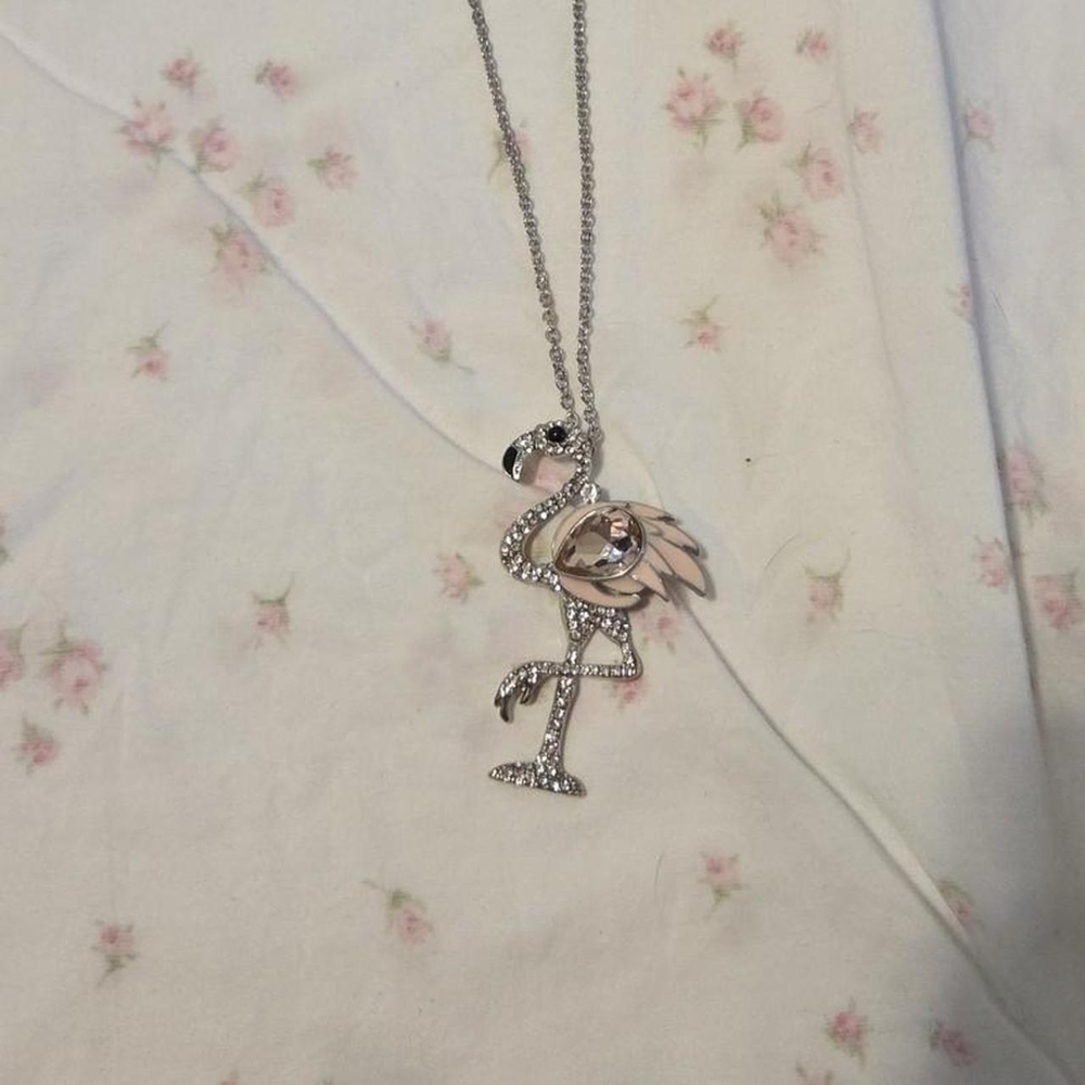 Pink flamingo rhinestone necklace pendent a on long chain